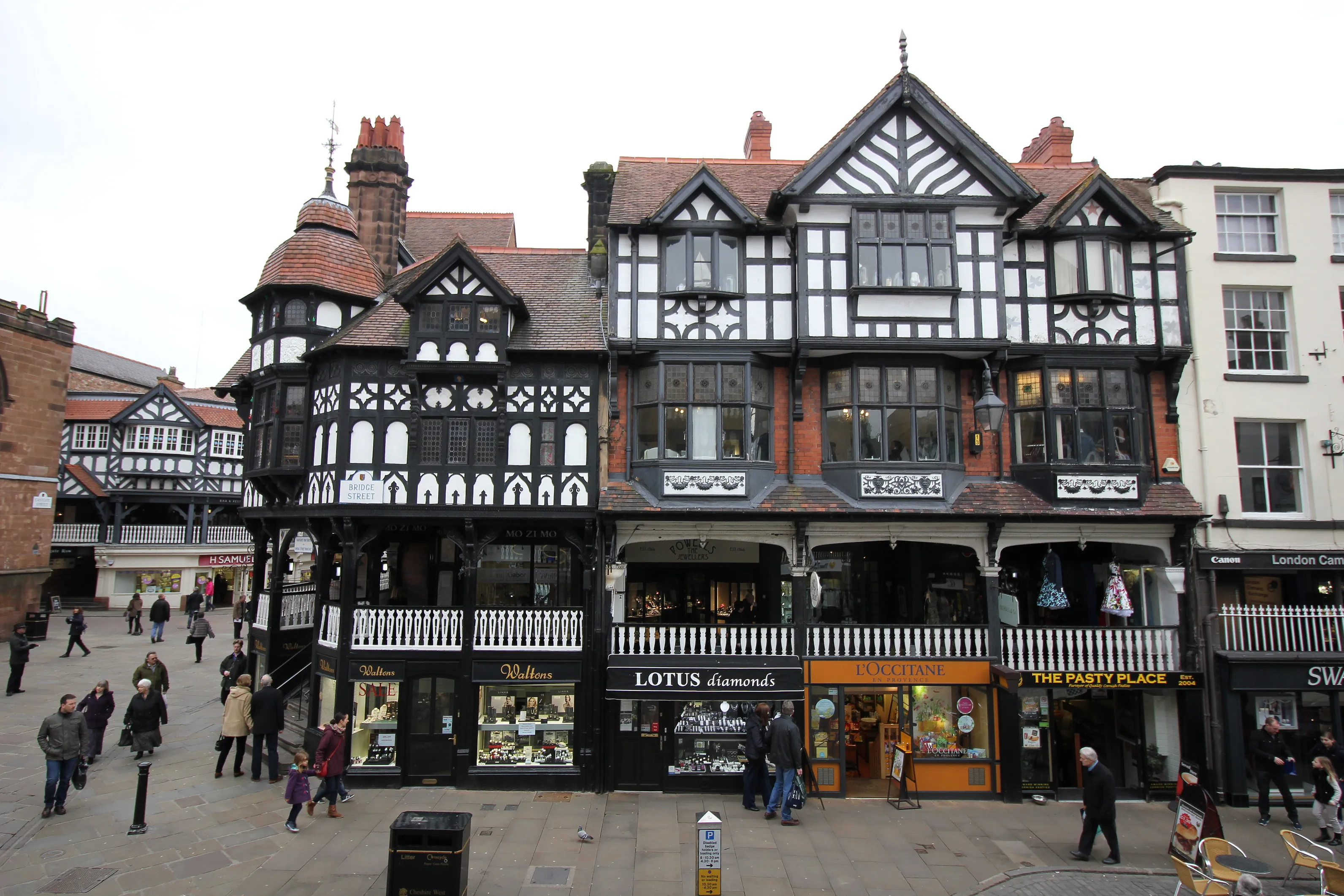 Bridge Street and the Rows in Chester, a distinctive two-level covered walkway of historic shops and townhouses
